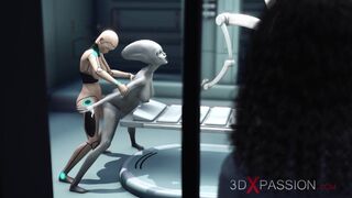 Alien lesbian sex in sci-fi lab  Female android plays with an alien