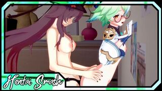 Hu Tao fucks Sucrose hard with a strapon - Genshin Impact Lesbian Hentai